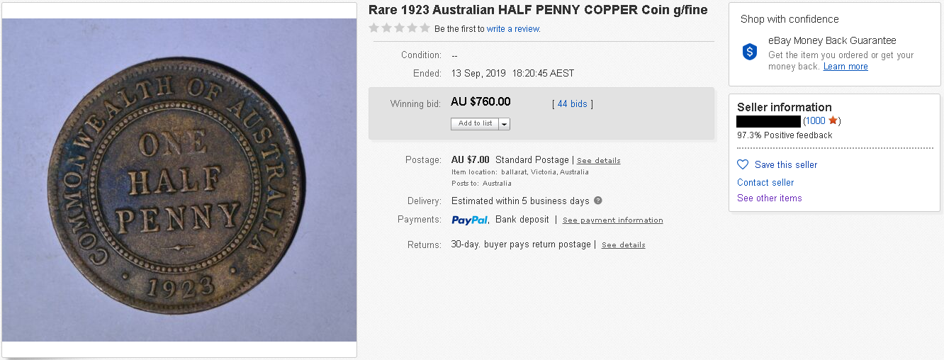 A fake 1923 half penny that was sold on eBay