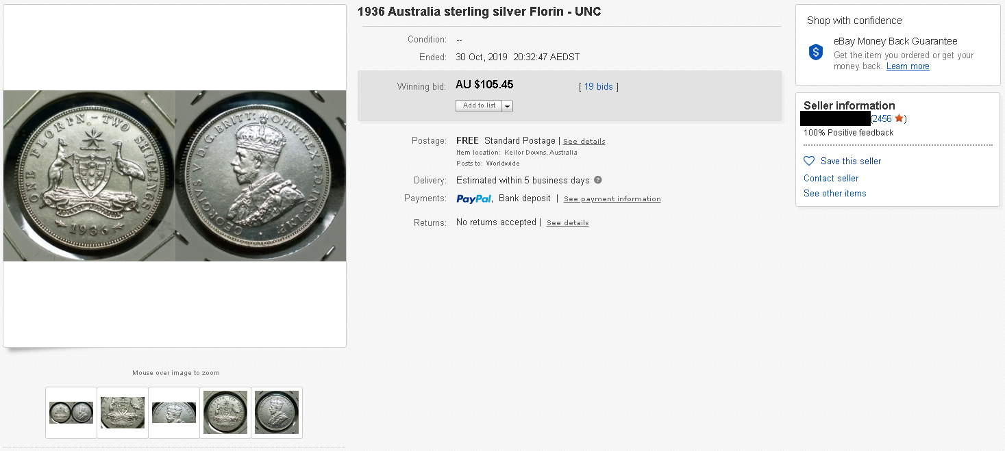 A cleaned 1936 florin being sold on eBay